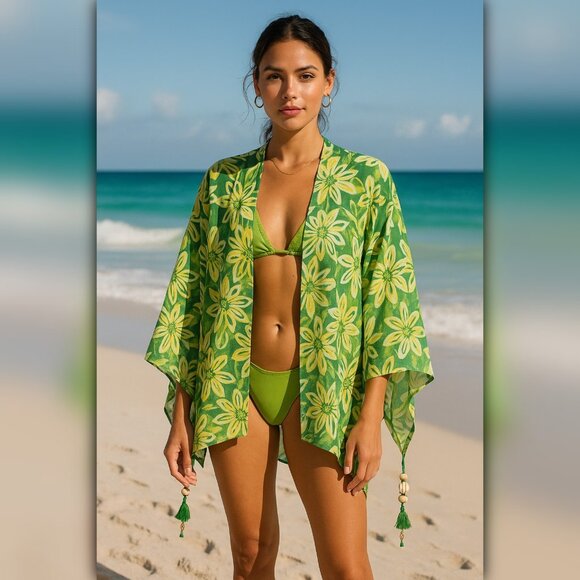 A129-B • Aerie Green Floral Tassel Sarong Cover-Up - Picture 1 of 4